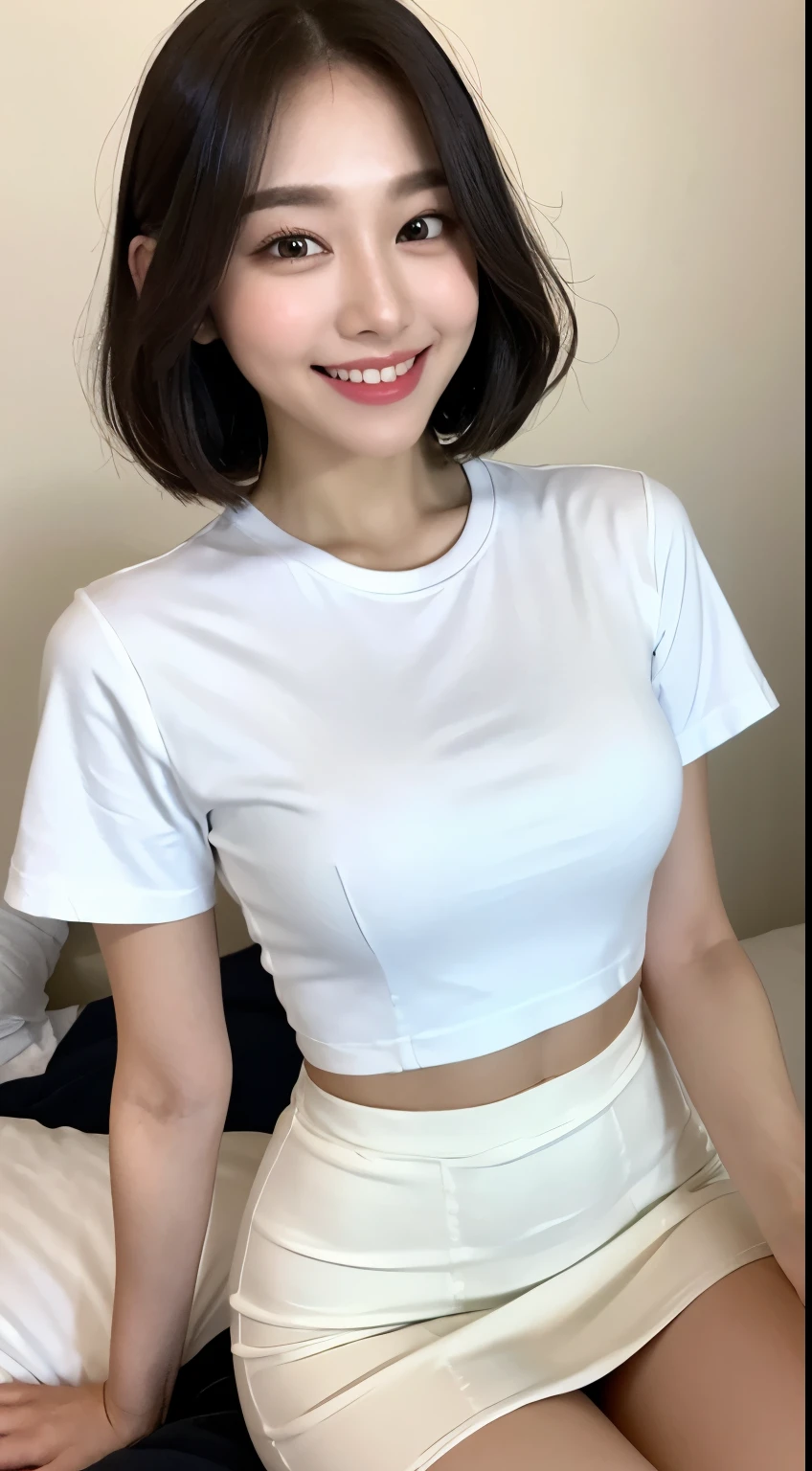 White tight shirt、White Mini Skirt、bed、smile、Short sleeve、high resolution、Korean idol face、double eyelid、White teeth、short hair、Kuroku