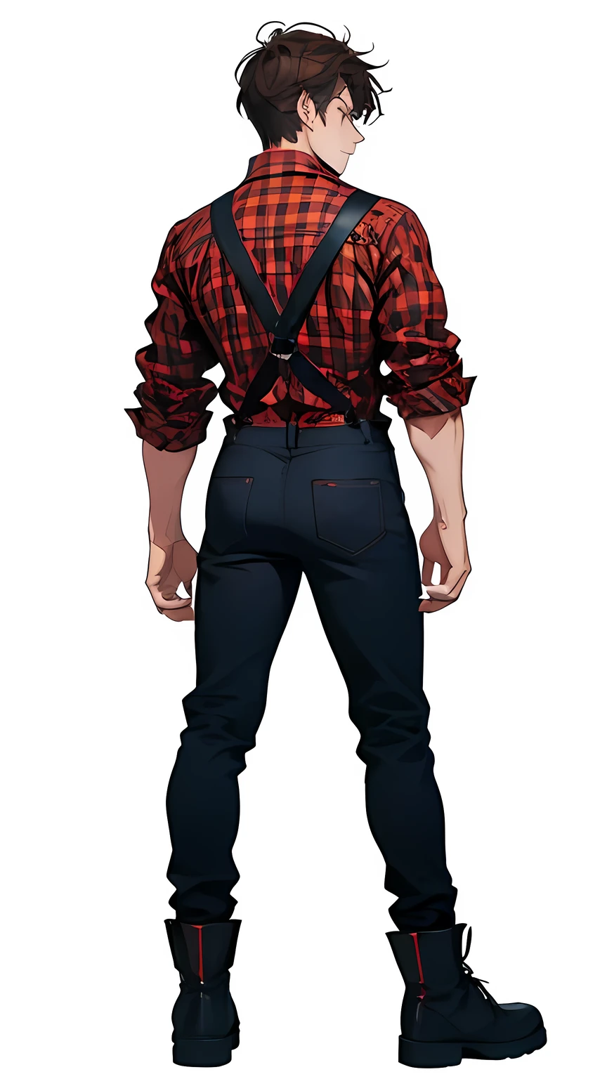 Full body, from behind ,standing , killer, male focus , v-taper body, rough{cut short hairstyle, very dark brown hair,
Empty eyes, rings under the eyes, pale skin, sharp teeth} (handsome) , pretty perfect face, wearing a red and black checked flannel shirt, blue dungarees , work Boots, BREAK (masterpiece) best quality, highest detail, superior quality, natural lighting, white background
