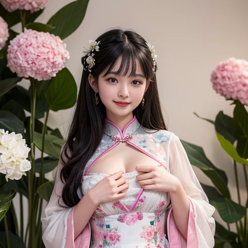 best quality, Delicate face，beautiful visual work, lifelike, eternity, black hair, Long curly hair, blunt bangs, Smile, 在flower园里, flower, Detailed Background, Delicate face，pink blush，cold，((masterpiece))、(top quality)、8k、high detail、Super detailed，21 years old female，Wearing Chinese cheongsam、Seductive and whimsical style、masterpiece、born、Scenes resembling fairy tale illustrations、intricate details和複雜的設計、Beautifully、magic、capricious、 Beautifully、Dream aesthetics、「𝓡𝓸𝓶𝓪𝓷𝓽𝓲𝓬、ethereal、charming、fickle、magic」、realism、Visual effects、FXAA、SSAO、Shader、voiceless、ambient lighting、Tone mapping、High resolution、Ultra high quality、Million pixels、(8K resolution:1.10)、8k、8k以下、8K resolution、high detail、intricate details， (high quality:1.2、masterpiece:1.2、:1.21)、(21 years old female:1.21)、(興奮地Smile)、(Surrounded by a dreamy atmosphere、Model diagram，full-body shot，Normal 2 feet，Don't show your fingers，Japanese folding fan held open in front of chest