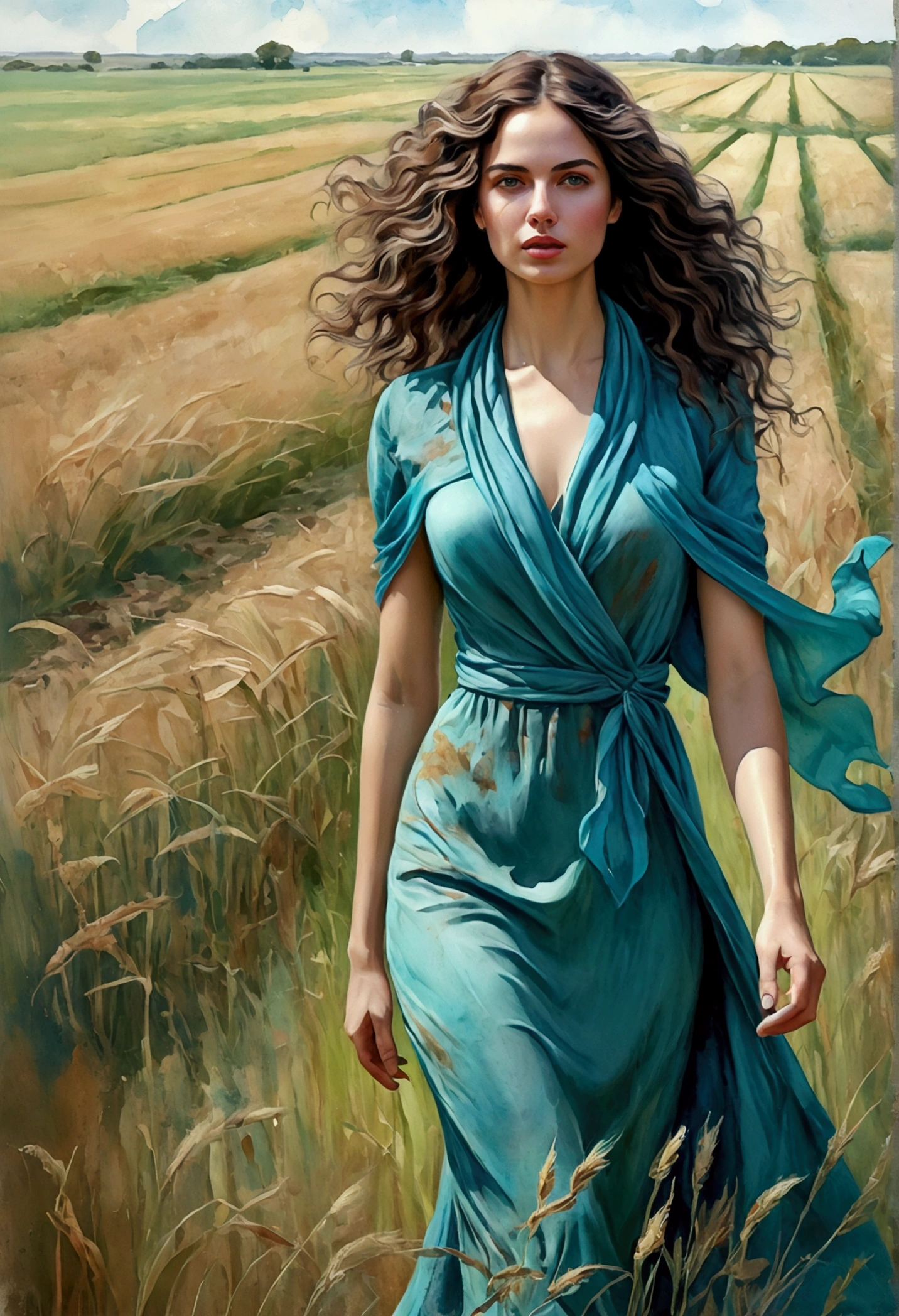 Create a detailed, frontal digital illustration of a woman, (standing), ((walking in the field)), with striking and expressive features, in a style that mixes realism and watercolor. The woman must have penetrating and bright eyes, with an intense and direct gaze. She must have dark, curly hair that frames her face in a natural and elegant way. Long flowing turquoise blue dress. Adorn your head with a multicolored scarf, predominantly in soft shades of turquoise and beige, that wraps around your hair and falls gracefully over your locks.