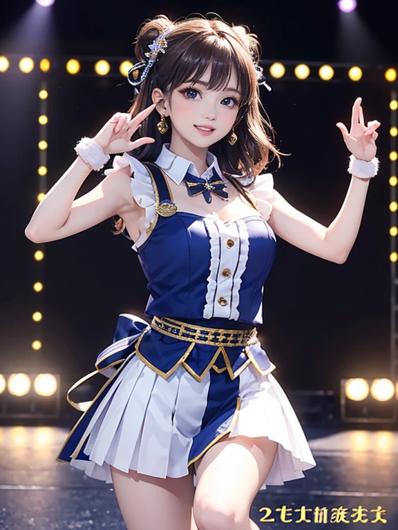 (Highest quality、 8k 、masterpiece、High resolution)、(Dancer)、Full Body Shot、15 year old girl、Idol Group、cute、Dancing with a smile、Outdoor Stage、AKB48 Costumes、Realistic、Official Art、Detailed CG、Professional Lighting、Professional photographer、(Depth of written boundary:1.3)、