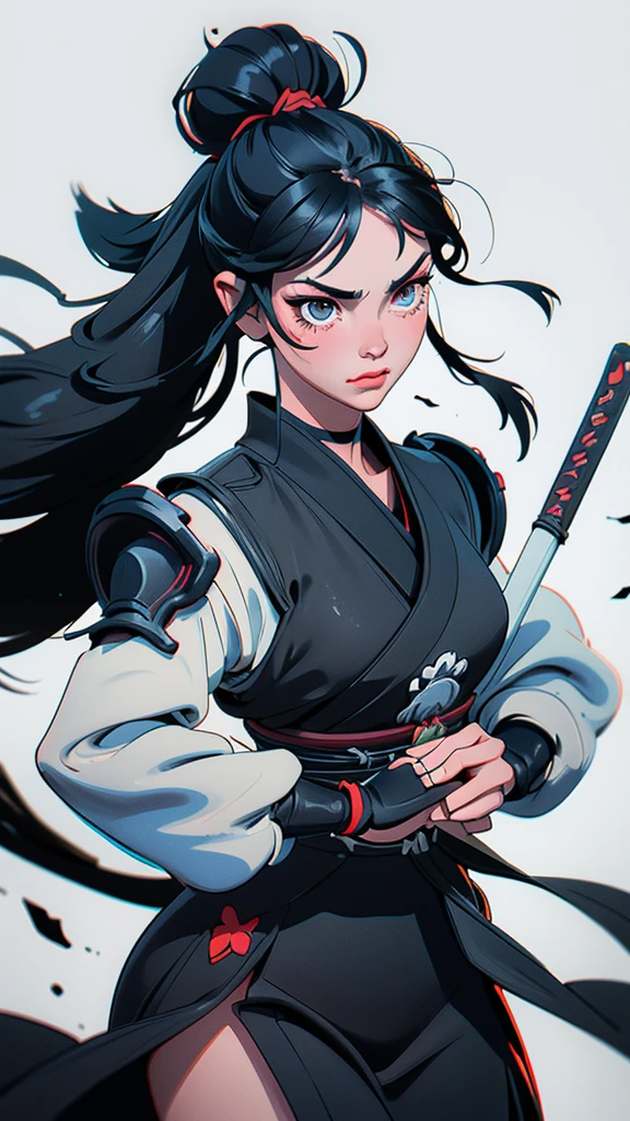 Chinese samurai, White background, black and white, manga style, swordsmanship, crying ink, oil paint stains on the image, strokes in black brush paint, black ink running from the lines, Beautiful One Girl, Asian with dark eyes
