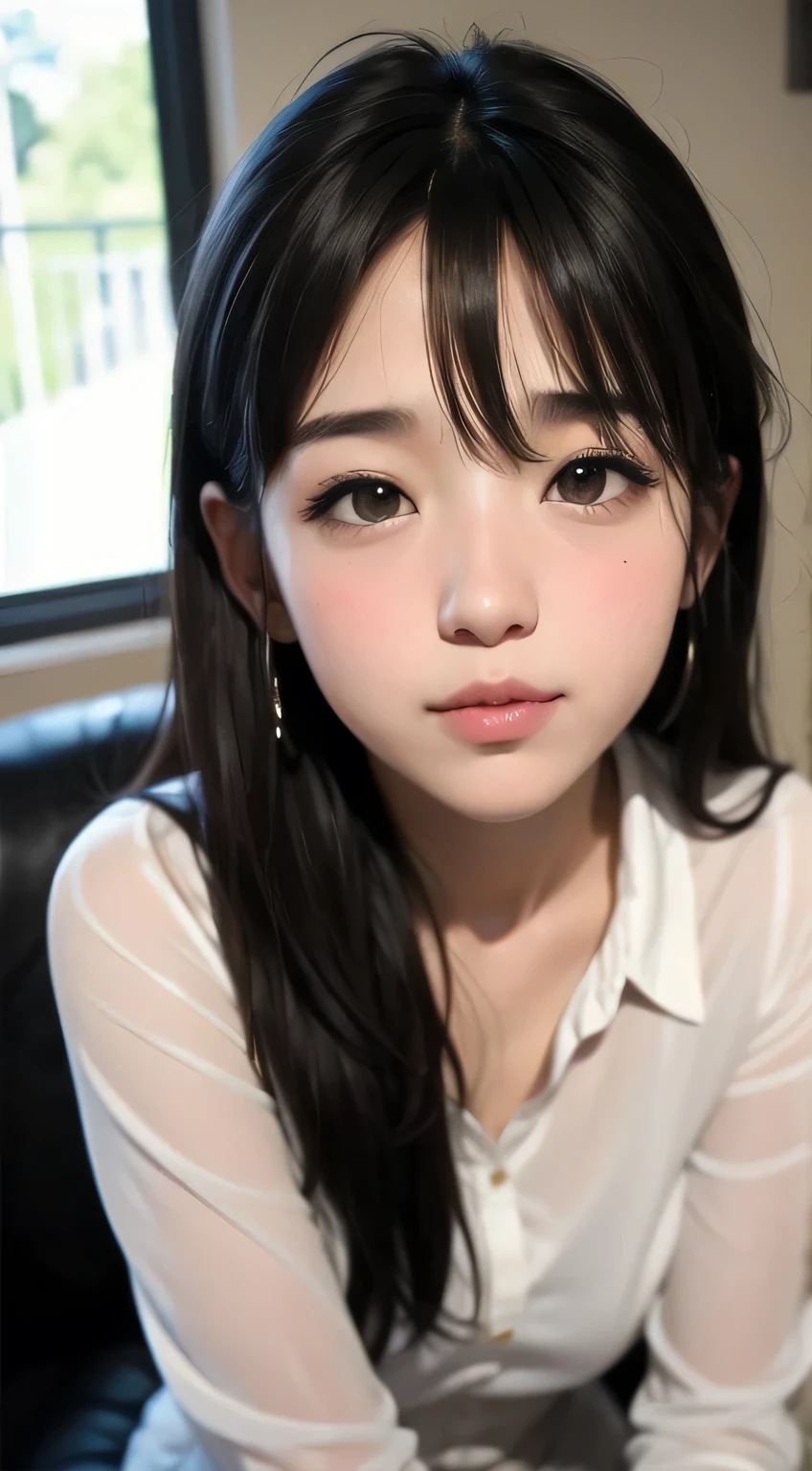 Sexy and cute woman, black brown hair, long hair, straight hair, weak eyes, blushing intensely, lips parted, ready to kiss, long oversized white shirt