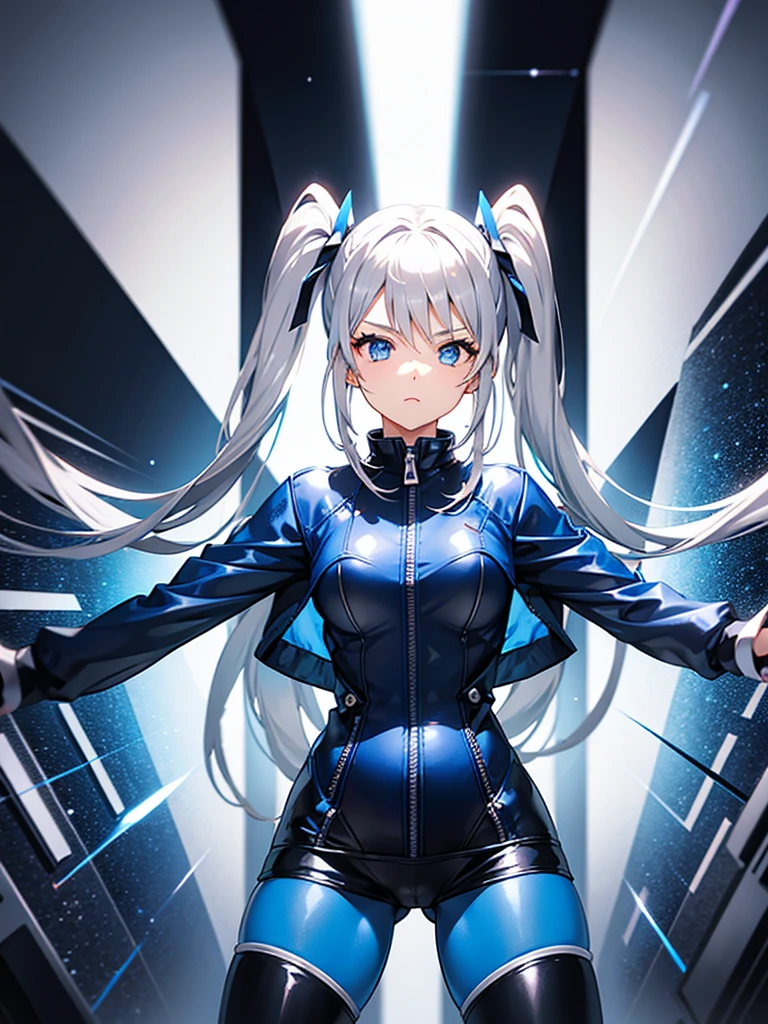 a girl，Long silver hair，long twintails，Blue tights，((Super detailed zipper))，Stylish style，((dynamic poses))，movie lighting effects