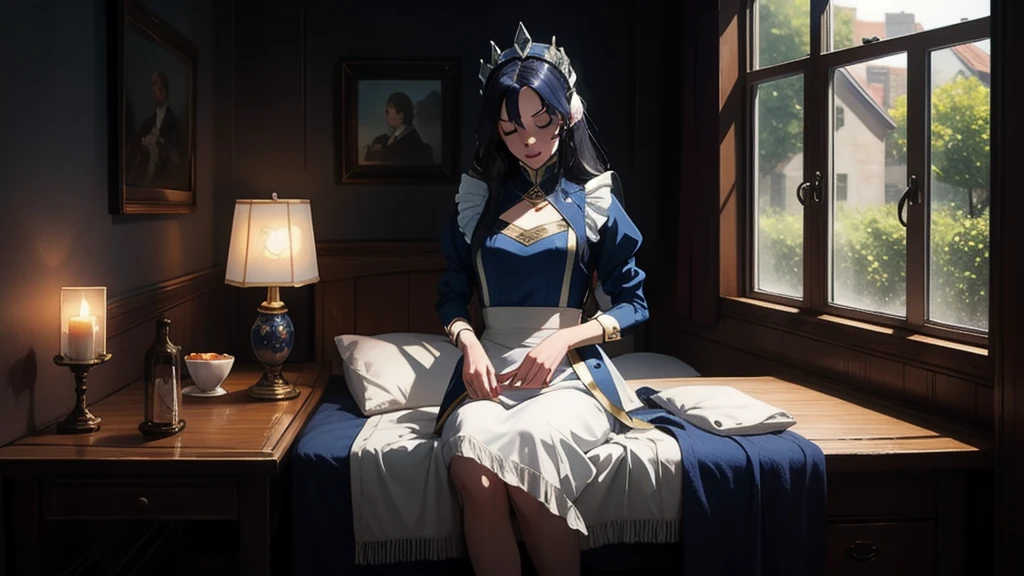 (masterpiece, Best quality:1.2), complex parts, (((pixel perfect, perfect in detail))), One, 1 girl,  REM sleep, Roswaal Mansion Maid Uniform, maid headdress, Looking at the viewer, smile, masterpiece,Best quality,1 girl,REM sleep,blue hair,short hair,hair over one eye,hair ornament,maid,sitting on the table,near the wall,closed eyes,sleep,USA,