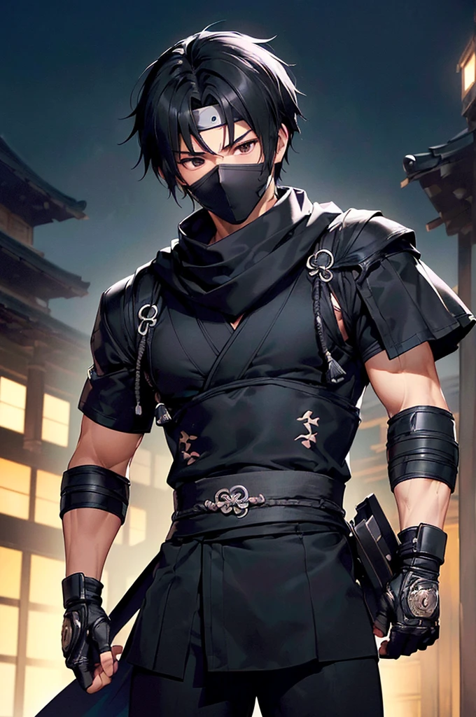 (((masterpiece; best quality: 1.2))), (finely detailed eyes: 1.3), ((1 young man)), ((solo)), (black eyes: 1.4), (body shape; lean, masculine: 1.3), (very short black hair: 1.3), (beautiful and clear background: 1.2), ((depth of field)), (equipment: black shinobi clothing + fully covered + black kimono + black pants + black scarf + black bracers + black fingerless gloves: 1.3), (anime illustration: 1.2), (background composition; old japanese mansion + night: 1.1), (extremely fine and handsome: 1.1), (shot composition; standing + centered on torso + close-up: 1.5), (facial expression; calm, stoic: 1.2)