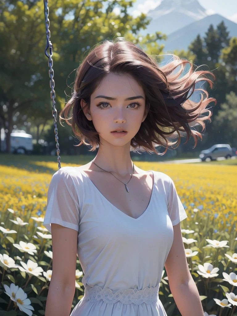 1girl, storm clouds and mountain, (flower field:1.4) in the foreground, pale blue vinyl short summer dress and loose cotton deep v-neck blouse, light tracing, (rule of thirds composition) (floating colorful wind:1) (photorealistic:1.4), official art, unity 8k wallpaper, ultra detailed, beautiful and aesthetic, masterpiece,best quality, oily skin, sweating, cinematic lighting, intense gaze reverie, rule of third, big old tree in the background with a swing,