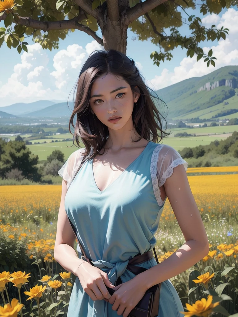 1girl, storm clouds and mountain, (flower field:1.4) in the foreground, pale blue vinyl short summer dress and loose cotton deep v-neck blouse, light tracing, (rule of thirds composition) (floating colorful wind:1) (photorealistic:1.4), official art, unity 8k wallpaper, ultra detailed, beautiful and aesthetic, masterpiece,best quality, oily skin, sweating, cinematic lighting, intense gaze reverie, rule of third, big old tree in the background with a swing,