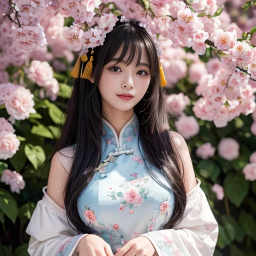 best quality, Delicate face,beautiful visual work, lifelike, eternity, black hair, Long curly hair, blunt bangs, Smile, 在flower园里, flower, Detailed Background, Delicate face,pink blush,cold,((masterpiece))、(top quality)、8k、high detail、Super detailed,21 years old female,Wearing Chinese cheongsam、Seductive and whimsical style、masterpiece、born、Scenes resembling fairy tale illustrations、intricate details和複雜的設計、Beautifully、magic、capricious、 Beautifully、Dream aesthetics、「𝓡𝓸𝓶𝓪𝓷𝓽𝓲𝓬、ethereal、charming、fickle、magic」、realism、Visual effects、FXAA、SSAO、Shader、voiceless、ambient lighting、Tone mapping、High resolution、Ultra high quality、Million pixels、(8K resolution:1.10)、8k、8k以下、8K resolution、high detail、intricate details, (high quality:1.2、masterpiece:1.2、:1.21)、(21 years old female:1.21)、(興奮地Smile)、(Surrounded by a dreamy atmosphere、Model diagram,full-body shot,Normal 2 feet,Don't show your fingers,Japanese folding fan held open in front of chest