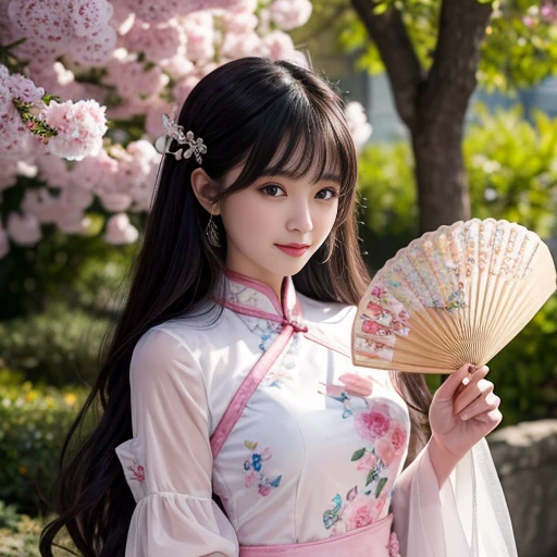 best quality, Delicate face,beautiful visual work, lifelike, eternity, black hair, Long curly hair, blunt bangs, Smile, 在flower园里, flower, Detailed Background, Delicate face,pink blush,cold,((masterpiece))、(top quality)、8k、high detail、Super detailed,21 years old female,Wearing Chinese cheongsam、Seductive and whimsical style、masterpiece、born、Scenes resembling fairy tale illustrations、intricate details和複雜的設計、Beautifully、magic、capricious、 Beautifully、Dream aesthetics、「𝓡𝓸𝓶𝓪𝓷𝓽𝓲𝓬、ethereal、charming、fickle、magic」、realism、Visual effects、FXAA、SSAO、Shader、voiceless、ambient lighting、Tone mapping、High resolution、Ultra high quality、Million pixels、(8K resolution:1.10)、8k、8k以下、8K resolution、high detail、intricate details, (high quality:1.2、masterpiece:1.2、:1.21)、(21 years old female:1.21)、(興奮地Smile)、(Surrounded by a dreamy atmosphere、Model diagram,full-body shot,Normal 2 feet,Don't show your fingers,Japanese folding fan held open in front of chest