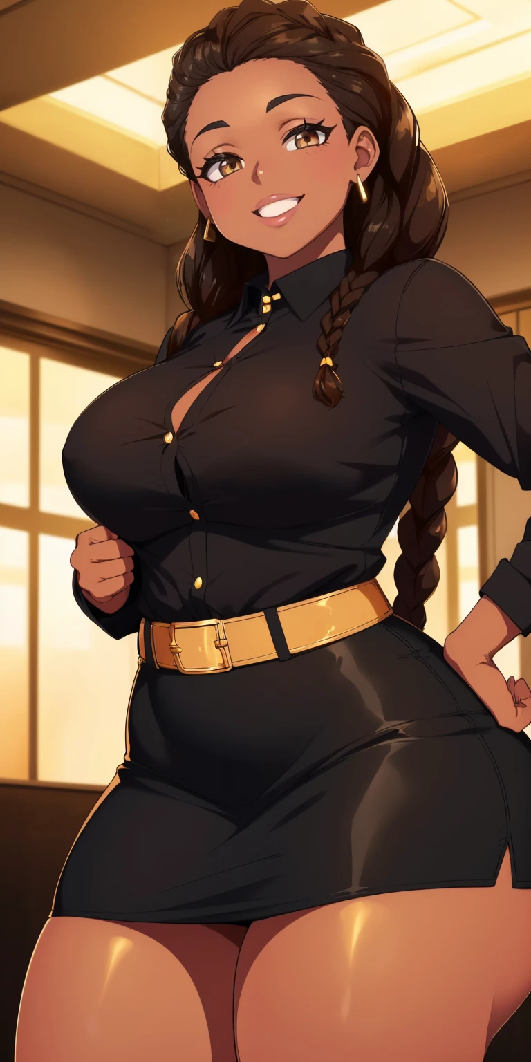 4K Quality, (cute black woman), ((sexy pose)), (big smile), ((brown braids)), ((dark skinned)), ((black tight skirt and shirt)), ((thick thighs)), big breasted, big ass, (facing the viewer), (in the penthouse), ((dim lighting)), ((golden eyes)), 