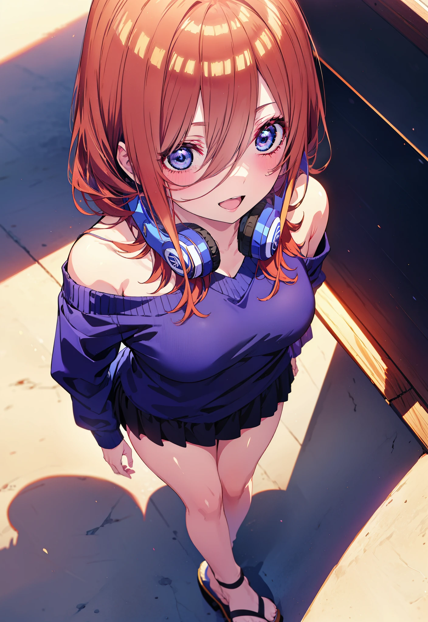 Miku Nakano, miku nakano, Long Hair, bangs, blue eyes, Brown Hair, shirt, Hair between the eyes, Headphones around neck,happy smile, smile, Open your mouth,One-shoulder sweater,mini skirt,Heeled Sandals,Walking,morning,morning陽,Clear skies,whole bodyがイラストに入るように,
break outdoors, Building district,
break looking at viewer,whole body,
break (masterpiece:1.2), Highest quality, High resolution, unity 8k wallpaper, (figure:0.8), (Beautiful attention to detail:1.6), Highly detailed face, Perfect lighting, Highly detailed CG, (Perfect hands, Perfect Anatomy),