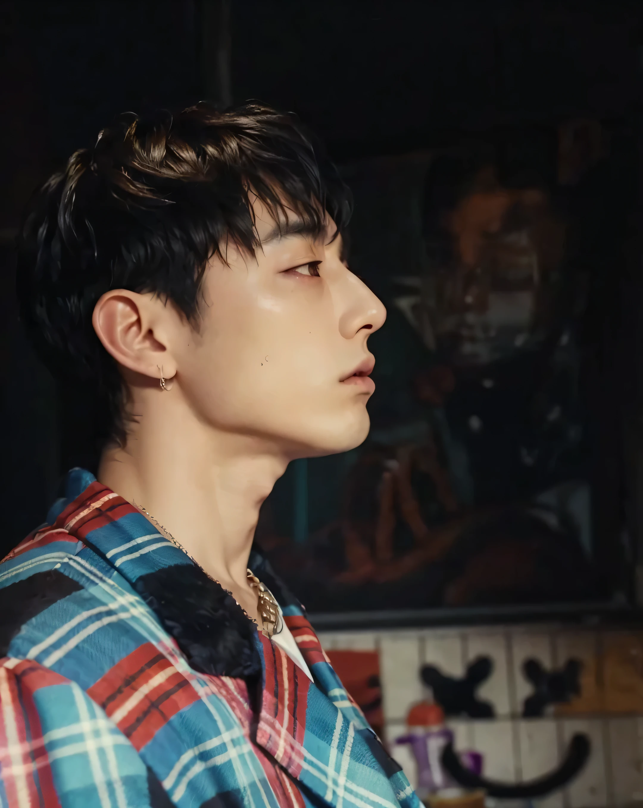 Chico, jungkook, realist ,masterpiece, Best Quality, serious expression, serious face, Chico, korean man, High resolution, portrait, Photo_light, dark hair, black fur, dark scene, 8k, Photo RAW, Best Quality, masterpiece, realist, Photorrealist,