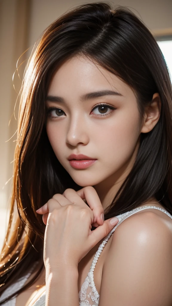 (超High resolution, masterpiece, Anatomically correct, Textured skin, Super Detail, Highest quality, High resolution, 8k, bloom, Front light:1.2, Perfect dynamic composition), (24-years-old, 1 person, Cute and sexy high school teacher, Sexy Face, Long face, Distant eyes, Gentle eyelids, Thin eyebrows, Gentle corner of the eye, Hawk-like nose:1.4, It will totally charm you, Eyes that feel erotic, A taste of beautiful eroticism, Too cute beauty), break, Absurd, One person'Perspective, (Wear a button-up shirt, Grey formal jacket), (Captivating smile:0.8), (View your viewers), (Long Hair, Inward curls, bangs, Smooth Hair), (Beige hair:1.2), (Chest close-up: 1.3), ((Very close relationship:1.4)), Mid-chest, ((Place your hands on the table:1.2, Facing each other across the table:1.2)), ((In the school library)), (Shooting from above:1.2), Keiko Kitagawa