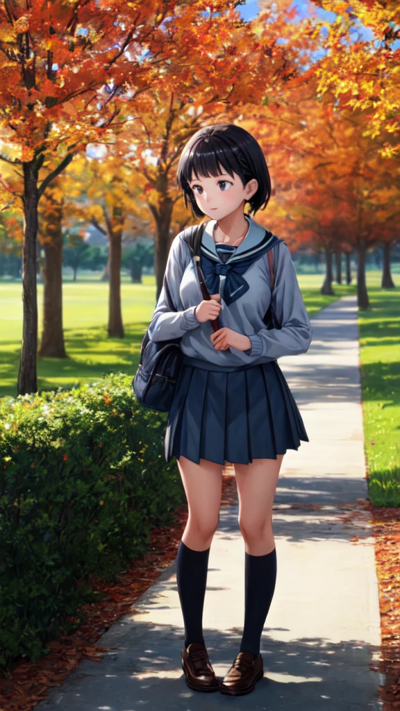 school girl standing in park 