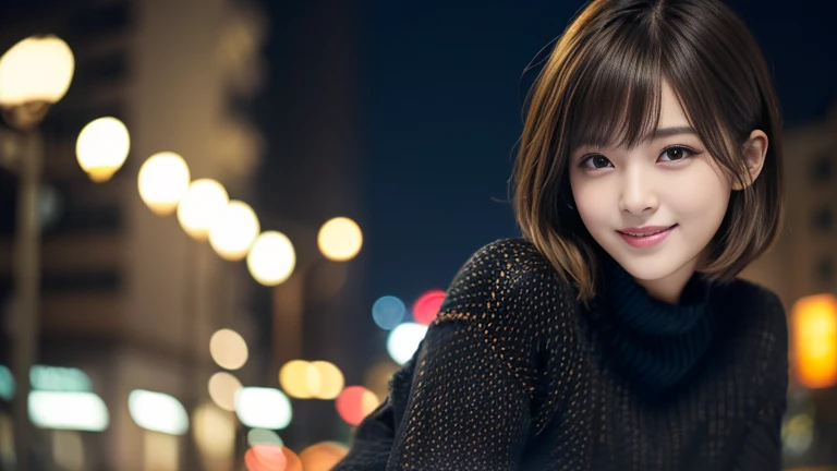 One Japanese idol, (Realistic, Highest quality), (Realistic, Photorealistic:1.4), short hair, Must-Bring, Very elegant and beautiful, Very detailed, 8k wallpaper, Amazing, Very detailed CG Unity, High resolution, Soft Light, Beautiful details, Age 19, Very detailed目と顔, Beautifully detailed nose, Beautiful attention to detail, Cinema Lighting, City lights at night, Perfect Anatomy, Narrow Face, Slender body, (smile), (Hair mess, Asymmetrical bangs, Light brown hair), (Black sweater:1.4), 