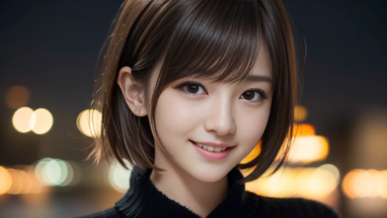 One Japanese idol, (Realistic, Highest quality), (Realistic, Photorealistic:1.4), short hair, Must-Bring, Very elegant and beautiful, Very detailed, 8k wallpaper, Amazing, Very detailed CG Unity, High resolution, Soft Light, Beautiful details, Age 19, Very detailed目と顔, Beautifully detailed nose, Beautiful attention to detail, Cinema Lighting, City lights at night, Perfect Anatomy, Narrow Face, Slender body, (smile), (Hair mess, Asymmetrical bangs, Light brown hair), (Black sweater:1.4), 