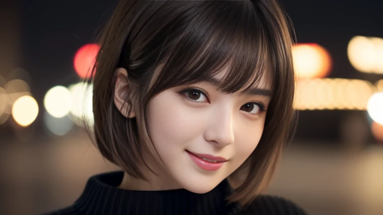 One Japanese idol, (Realistic, Highest quality), (Realistic, Photorealistic:1.4), short hair, Must-Bring, Very elegant and beautiful, Very detailed, 8k wallpaper, Amazing, Very detailed CG Unity, High resolution, Soft Light, Beautiful details, Age 19, Very detailed目と顔, Beautifully detailed nose, Beautiful attention to detail, Cinema Lighting, City lights at night, Perfect Anatomy, Narrow Face, Slender body, (smile), (Hair mess, Asymmetrical bangs, Light brown hair), (Black sweater:1.4), 