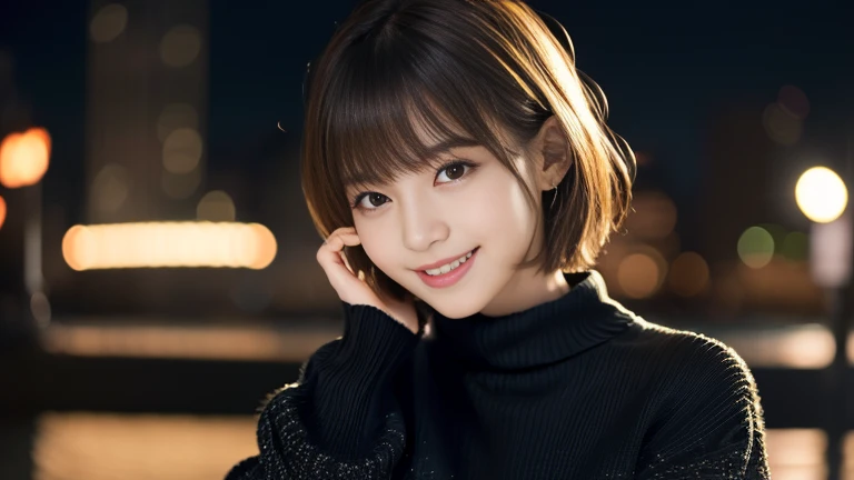 One Japanese idol, (Realistic, Highest quality), (Realistic, Photorealistic:1.4), short hair, Must-Bring, Very elegant and beautiful, Very detailed, 8k wallpaper, Amazing, Very detailed CG Unity, High resolution, Soft Light, Beautiful details, Age 19, Very detailed目と顔, Beautifully detailed nose, Beautiful attention to detail, Cinema Lighting, City lights at night, Perfect Anatomy, Narrow Face, Slender body, (smile), (Hair mess, Asymmetrical bangs, Light brown hair), (Black sweater:1.4), 