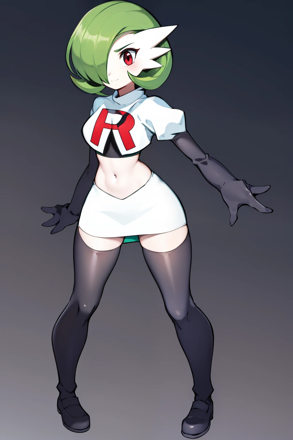 masterpiece, best_quality, 1girl, solo, gardevoir, creatures \(company\), game freak, nintendo, pokemon, pokemon \(game\), bangs, colored skin, female focus, gen 3 pokemon, green hair, green skin, hair over one eye, multicolored skin, pokemon \(creature\), red eyes, short hair, two-tone skin, white skin, team rocket,team rocket uniform,white skirt,red letter R,crop top,black thigh-highs,black elbow gloves