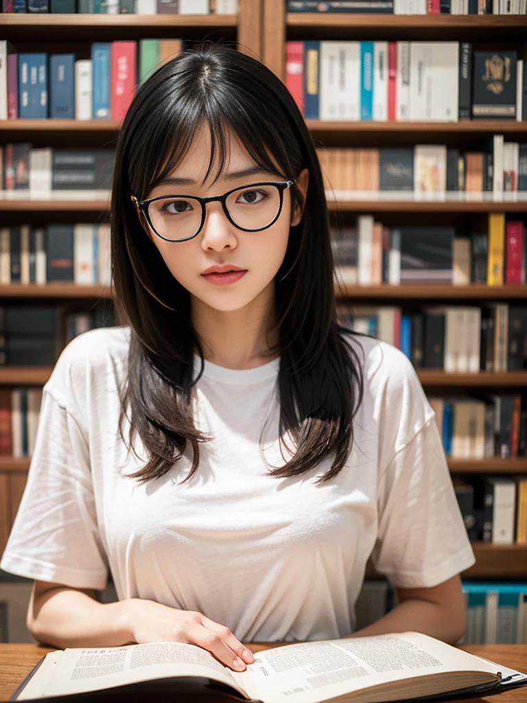 (Best quality, 8k, 32k, Masterpiece, UHD:1.2),Photo of Pretty Japanese woman, 1girl, (long dark black hair), bangs, double eyelid, large breasts, bad fashion, large white T-shirt, sweatpants, sitting in library, glasses, reading book, hands on table, upper body, holding book