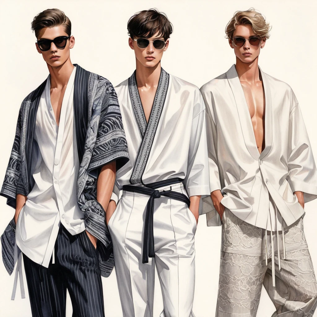 candid fashion illustration of a group of young 3man, aged 23 year old, tall and slender, mix race male super model, ((showcase fashion in a cotton outfits)), inspired by Christian Dior menswear resort collection, in elegant style with ((mixed Trible ethnic woven fabric details)). The 1st man wears an oversized shirt lace, paired with over side Pants, semi hard bugle, The 2nd man complements him in a white lace shirt, paired with white Drawstring short pants, 3rd man wears an oversized Yukata with lace details, and relaxed hammer Pants, side entry pockets, all 3man completes the look with white sneakers, sunglasses, straw hat. Captured in a ((full-body pose)), ((drawing on white paper background)), realistic pencil lines, imperfect drawing, charcoal lines detail, fading sketch, fashion Sketching, low angle view, three man,