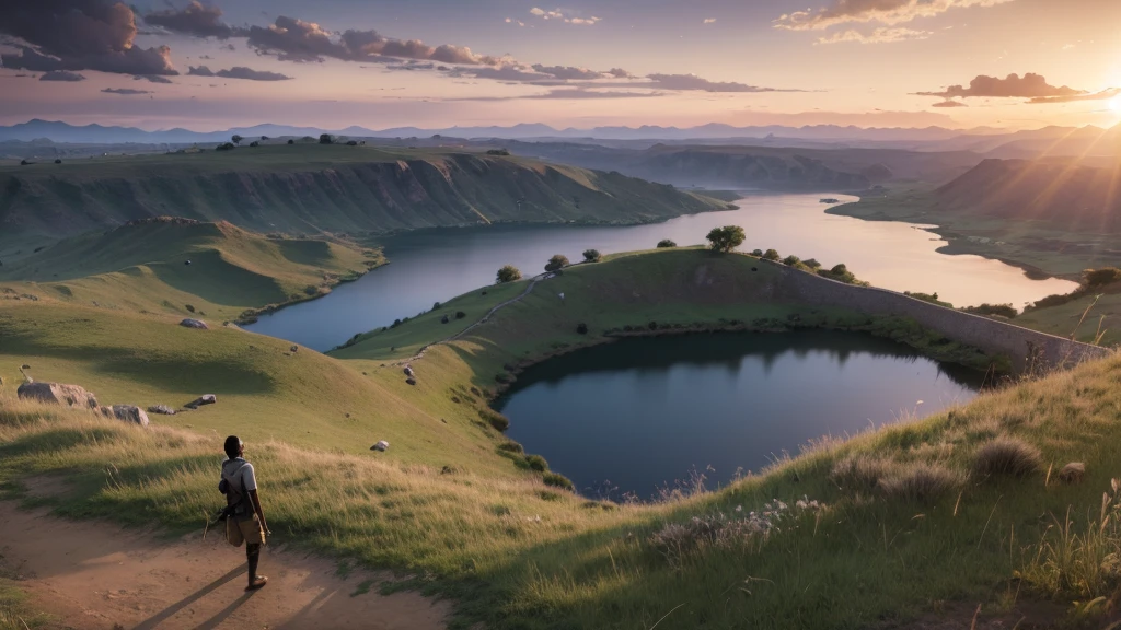 African grassland theme scene picture dusk theme atmosphere HD 4k with lake on the ground Unreal Engine 5 8k 