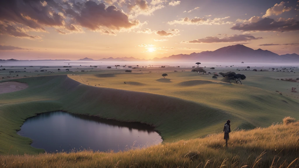 African grassland theme scene picture dusk theme atmosphere HD 4k with lake on the ground Unreal Engine 5 8k