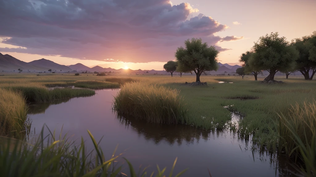 African grassland theme scene picture dusk theme atmosphere HD 4k with lake on the ground Unreal Engine 5 8k 