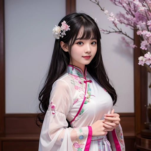best quality, Delicate face，beautiful visual work, lifelike, eternity, black hair, Long curly hair, blunt bangs, Smile, 在flower园里, flower, Detailed Background, Delicate face，pink blush，cold，((masterpiece))、(top quality)、8k、high detail、Super detailed，21 years old female，Wearing Chinese cheongsam、Seductive and whimsical style、masterpiece、born、Scenes resembling fairy tale illustrations、intricate details和複雜的設計、Beautifully、magic、capricious、 Beautifully、Dream aesthetics、「𝓡𝓸𝓶𝓪𝓷𝓽𝓲𝓬、ethereal、charming、le、magic」、realism、Visual effects、FXAA、SSAO、Shader、voiceless、ambient lighting、Tone mapping、High resolution、Ultra high quality、Million pixels、(8K resolution:1.10)、8k、8k以下、8K resolution、high detail、intricate details， (high quality:1.2、masterpiece:1.2、:1.21)、(21 years old female:1.21)、(興奮地Smile)、(Surrounded by a dreamy atmosphere、Model diagram，full-body shot，Normal 2 feet，Don't show your fingers，Japanese folding fan held open in front of chest