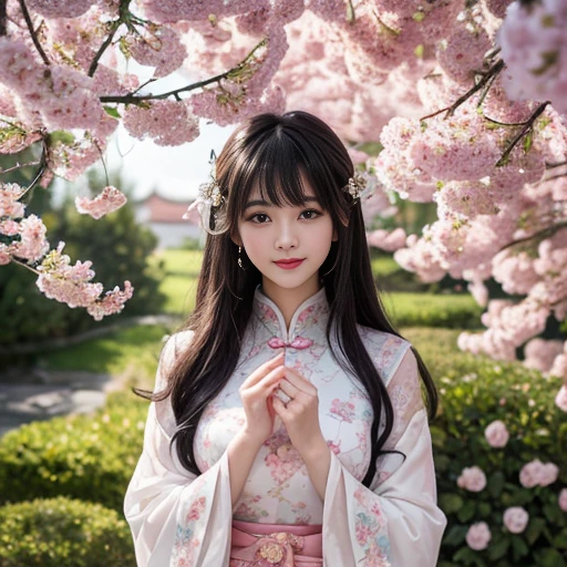 best quality, Delicate face,beautiful visual work, lifelike, eternity, black hair, Long curly hair, blunt bangs, Smile, 在flower园里, flower, Detailed Background, Delicate face,pink blush,cold,((masterpiece))、(top quality)、8k、high detail、Super detailed,21 years old female,Wearing Chinese cheongsam、Seductive and whimsical style、masterpiece、born、Scenes resembling fairy tale illustrations、intricate details和複雜的設計、Beautifully、magic、capricious、 Beautifully、Dream aesthetics、「𝓡𝓸𝓶𝓪𝓷𝓽𝓲𝓬、ethereal、charming、fickle、magic」、realism、Visual effects、FXAA、SSAO、Shader、voiceless、ambient lighting、Tone mapping、High resolution、Ultra high quality、Million pixels、(8K resolution:1.10)、8k、8k以下、8K resolution、high detail、intricate details, (high quality:1.2、masterpiece:1.2、:1.21)、(21 years old female:1.21)、(興奮地Smile)、(Surrounded by a dreamy atmosphere、Model diagram,full-body shot,Normal 2 feet,Don't show your fingers,Japanese folding fan held open in front of chest
