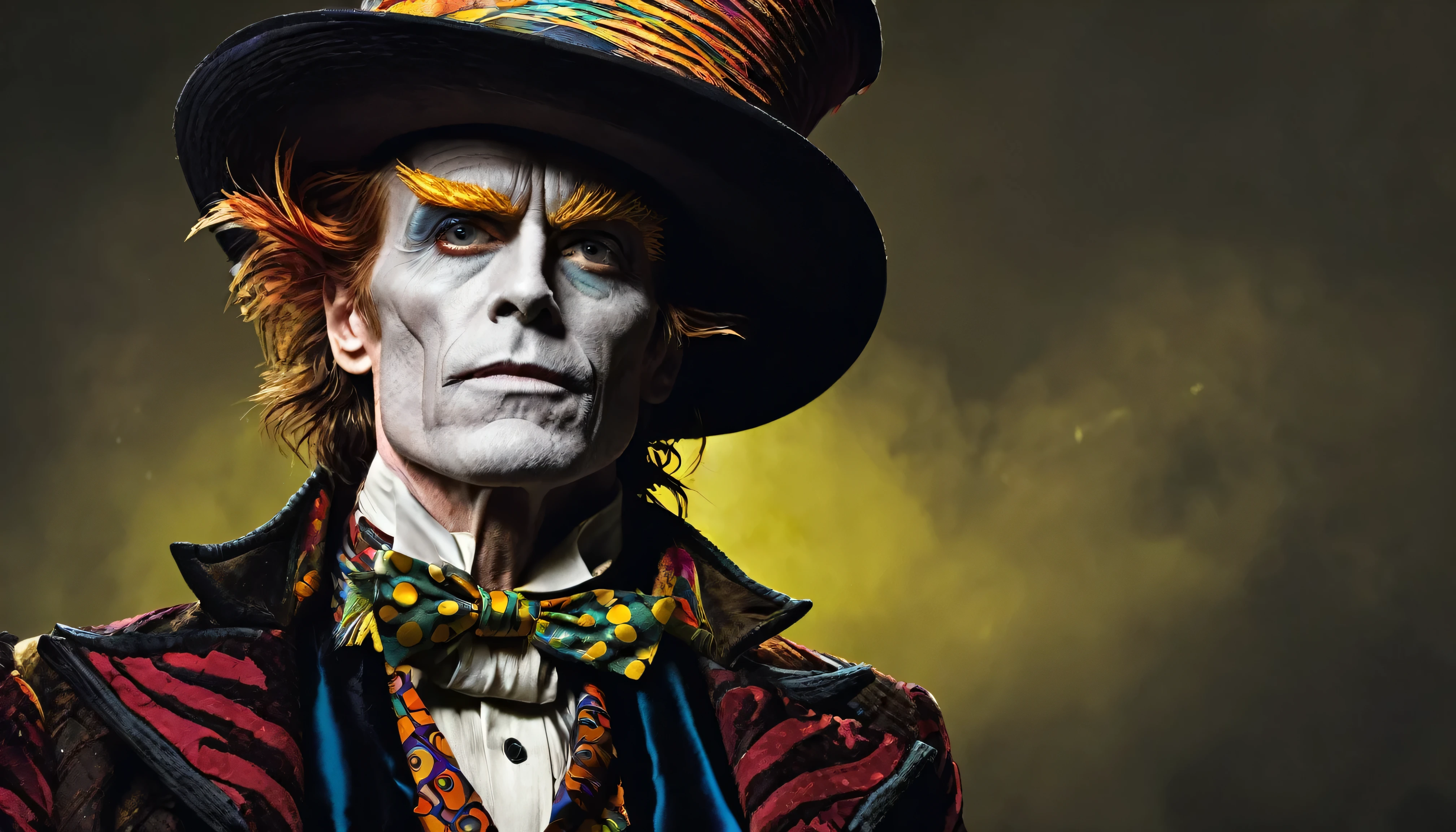 Close-up of a man wearing a top hat, John Picasio and Brom, Willem Dafoe as the Scarecrow, The best of Behance, Mad hatter, josan gonzalez and tyler edlin, Jack Davis,, Character Design, embers, Bright and bold colors, Macro Lens, Dark fantasy, Decopunk, Cinematic, Digital SLR, Bokeh, American Horror Story, Hick