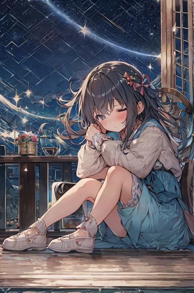 (Girl:1.4), alone, whole body, Sitting, Dynamic Angle, Flat Chest, frills, 3 years old, Long Hair, night, Starry Sky, dark, sleepy, I want to sleep, Covered breasts,shy, blush,大きなぬいぐるみを抱いているパジャマ姿のGirl, 