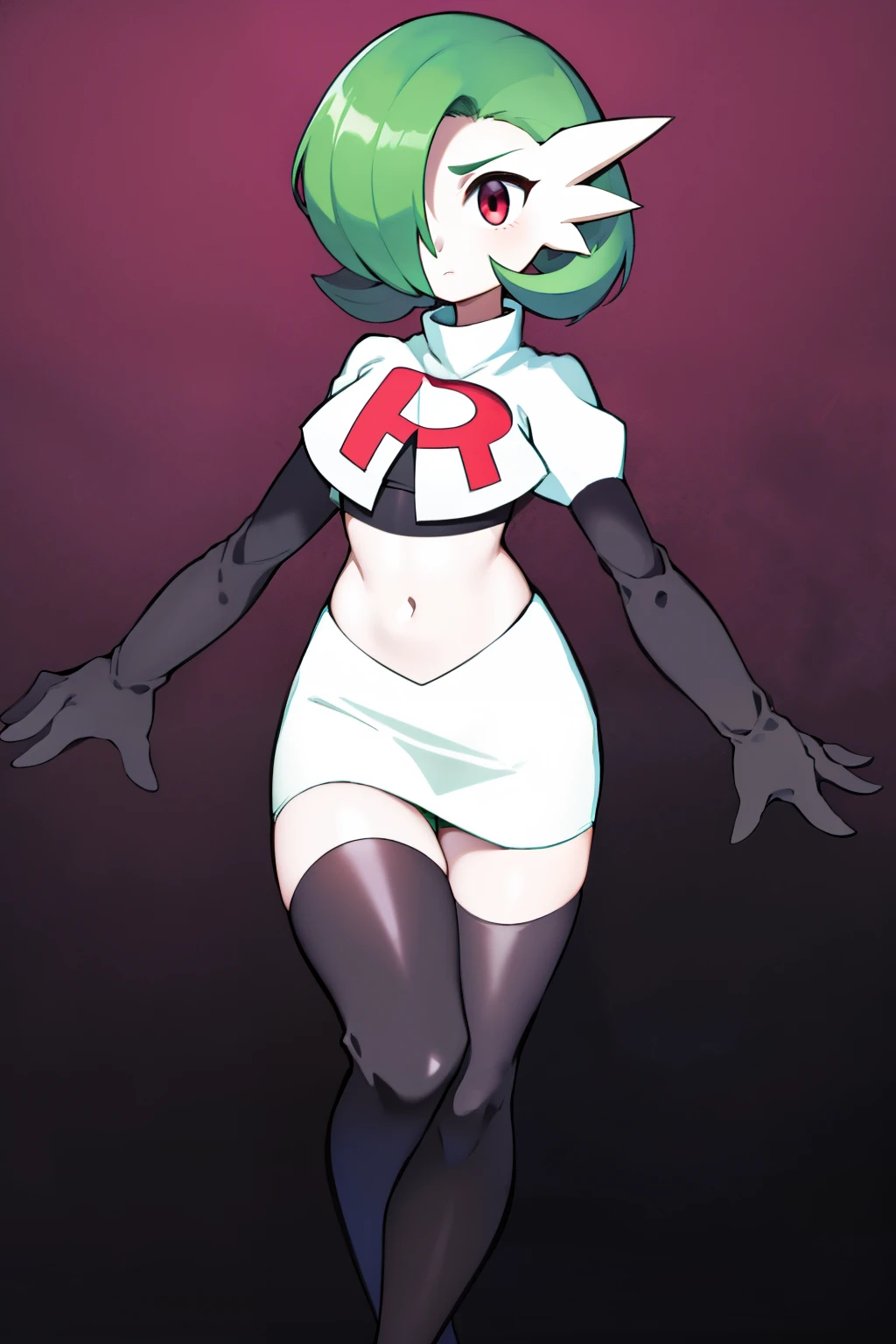 masterpiece, best_quality, 1girl, solo, gardevoir, creatures \(company\), game freak, nintendo, pokemon, pokemon \(game\), bangs, colored skin, female focus, gen 3 pokemon, green hair, green skin, hair over one eye, multicolored skin, pokemon \(creature\), red eyes, short hair, two-tone skin, white skin, team rocket,team rocket uniform,white skirt,red letter R,crop top,black thigh-highs,black elbow gloves