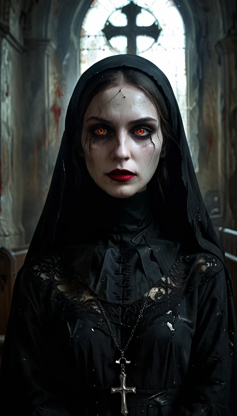 (dark, mysterious) figure in a (creepy, abandoned) church, (ominous lighting) highlighting the (sinister, twisted) expression on her face. She is wearing a (tattered, black) robe with (torn, white) lace details. The (haunting, hauntingly beautiful) eyes are glowing with an (evil, otherworldly) intensity, while her (cracked, blood-red) lips form a wicked smile. The painting showcases an (intricate, detailed) portrayal of the nun, capturing every (wrinkle, fold, and texture) with (ultra-detailed precision). The overall atmosphere exudes (horror, gothic) vibes, with (eerie shadows) dancing in the background. The (highres, photorealistic) artwork captures the essence of the possessed nun, giving it the appearance of a (masterpiece:1.2) straight out of a (horror movie).