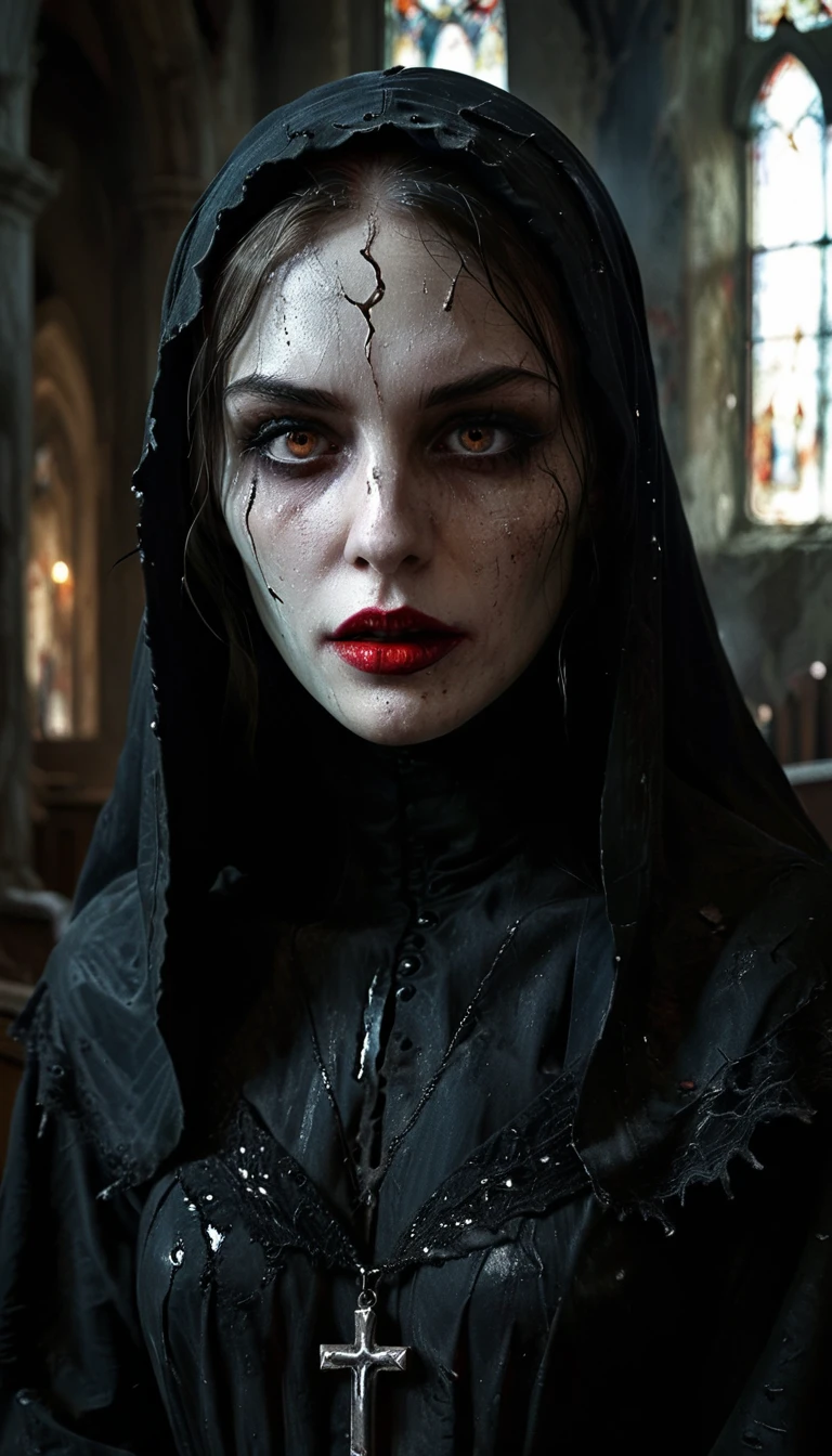 (dark, mysterious) figure in a (creepy, abandoned) church, (ominous lighting) highlighting the (sinister, twisted) expression on her face. She is wearing a (tattered, black) robe with (torn, white) lace details. The (haunting, hauntingly beautiful) eyes are glowing with an (evil, otherworldly) intensity, while her (cracked, blood-red) lips form a wicked smile. The painting showcases an (intricate, detailed) portrayal of the nun, capturing every (wrinkle, fold, and texture) with (ultra-detailed precision). The overall atmosphere exudes (horror, gothic) vibes, with (eerie shadows) dancing in the background. The (highres, photorealistic) artwork captures the essence of the possessed nun, giving it the appearance of a (masterpiece:1.2) straight out of a (horror movie).