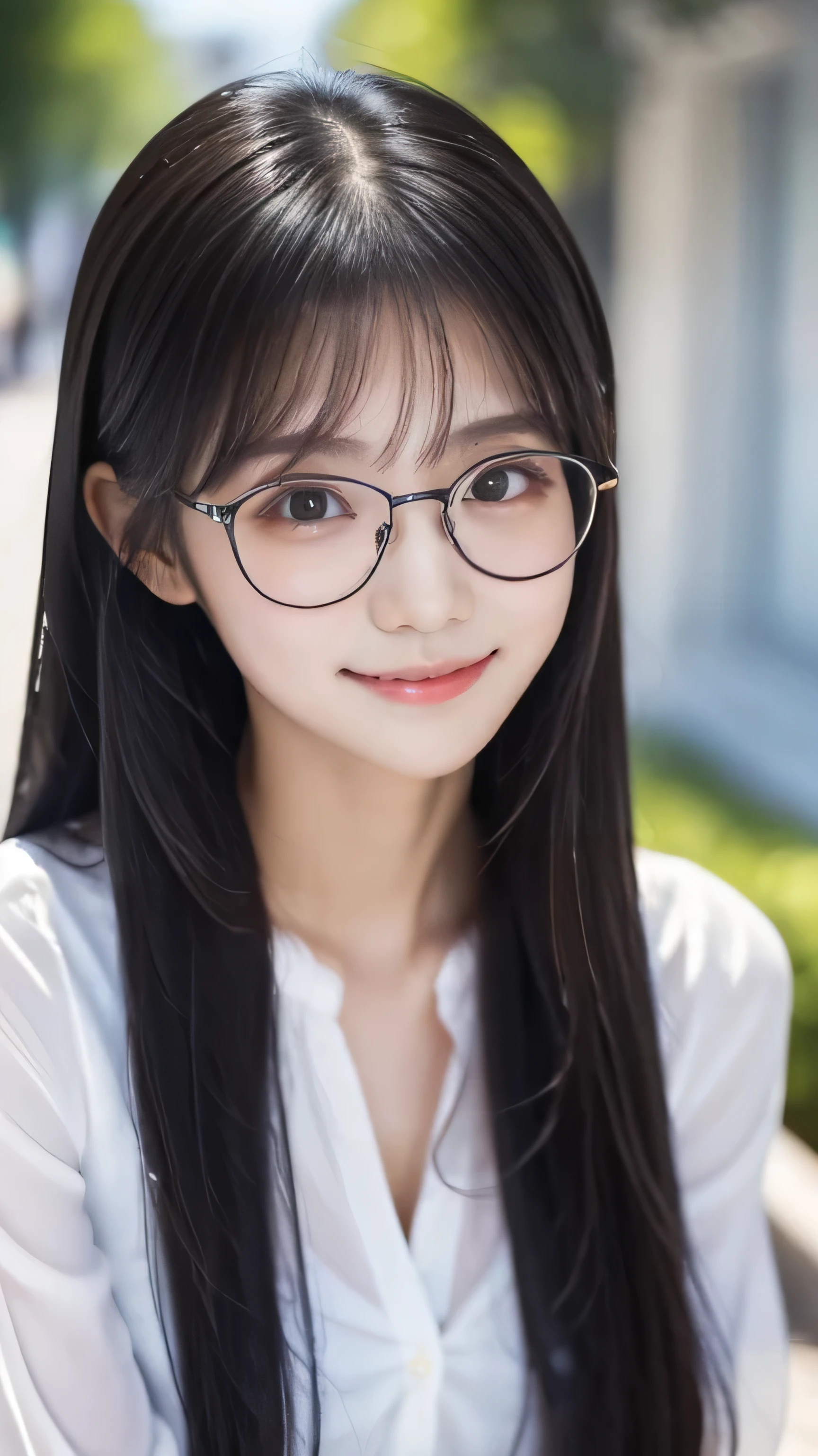Create an ultra-realistic image of a 21-year-old Japanese woman named Kotone attending a university lecture while wearing glasses. She has extremely long, perfectly straight black hair that flows down to her waist, with blunt bangs that cover her forehead. Her eyes are large, enchanting, and have double eyelids with sparkling black pupils, giving them a captivating and youthful appearance, now accentuated by a pair of stylish glasses. Her face is delicate and innocent, with very thin eyebrows that frame her large, childlike eyes. She has a small mouth with sexy lips, and her skin is smooth and flawless, resembling snow in its pure white color. She has a slender and well-proportioned body with a shapely bust size of 95 cm, a height of 158 cm, a weight of 43 kg, an ideal waist size of 58.46 cm, and an ideal hip size of 86.73 cm. Her complexion is flawless, without any wrinkles, and her natural makeup enhances her features subtly, maintaining a fresh and youthful look. She embodies a perfect balance of youthful charm and mature elegance, with a cute and innocent smile that adds warmth and affection to her appearance.

Kotone should be depicted sitting in a university classroom, attentively listening to the lecture. Her long black hair should flow naturally over her shoulders, framing her face and upper body. She is wearing a pair of stylish glasses that complement her delicate features. Her pose should be focused and engaged, with one hand possibly taking notes and the other resting on the desk. Her expression should be thoughtful and serious, reflecting her dedication to her studies. The lighting should be bright and natural, highlighting her smooth skin and delicate features, creating a sense of depth and realism. The background should include elements of a university classroom, such as desks, a whiteboard, and other students, ensuring that every detail of her appearance and the academic environment is highlighted. She is wearing a casual yet stylish outfit suitable 
