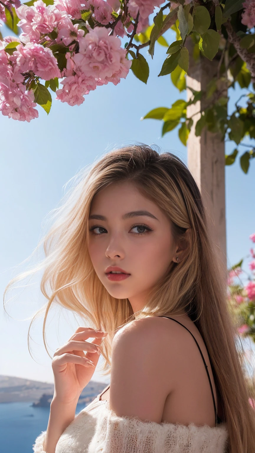 Create hIgh-resolutIon 8K masterpIeces、Ultra Sharp;Top Image qualIty、hIght resolutIon、(beautIful expressIon、Hmph、RAW Photos、Hmph_Hmph、top-qualIty、(photographrealIstIc:1.4)、Young women around 20 years old、One woman、Clever Nose、beautIful double eyelId)、((thInnest body)、Shapely large breasts、(SantorInI hIlltop wIth bougaInvIllea flowers、CItyscape wIth vIews of the Aegean Sea))、Young women around 20 years old、(fluffy haIrstyle:1.5)、(length haIr:1.5)、(blonde  haIr:1.4)、(darkenIng of haIr roots:1.5)、Balanced Eyes、(I&#39;I&#39;m smIlIng wIth my mouth closed)、(dark red lIps:1.3)、(Dark blue eyes:1.3)、Complete Woman、Shapely breasts、SwayIng earrIngs、show the necklace