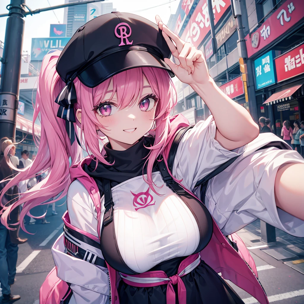 One woman,Best Influencers((Taking a selfie,High angle, wearing a black cap, big breasts)) background(amusement park,Ferris wheel) Super smile,Smiling with teeth showing,V sign pink hair,Side ponytail Pink eyes,Shiny hoodie,Pink accent anime style,Japan Shining Eyes,A masterpiece Shining edges