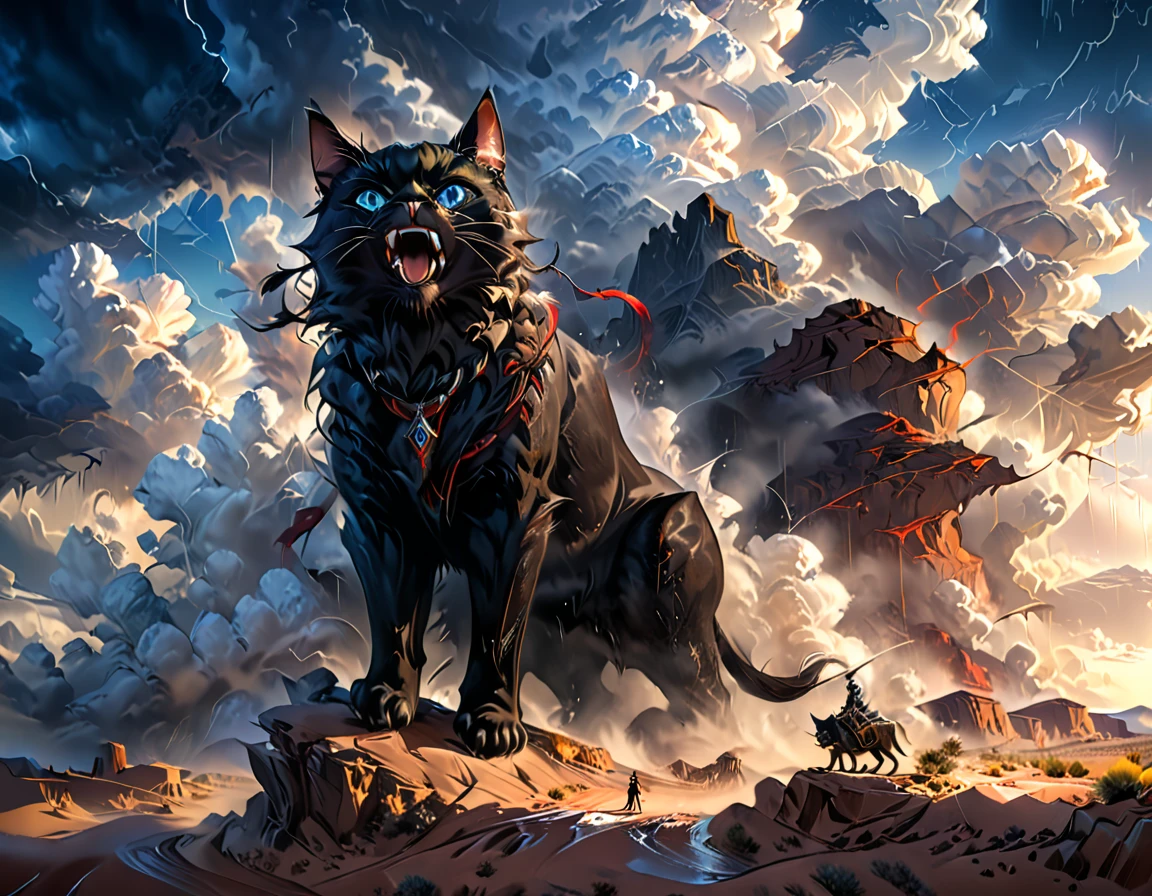 a huge black cat (sitting on top of a giant rain cloud:1.2) over a desert, an epic fantasy landscape, (best quality,4k,8k,highres,masterpiece:1.2),ultra-detailed,(realistic,photorealistic,photo-realistic:1.37),dramatic lighting,cinematic composition,magical realism,moody atmosphere,(dark fantasy:1.2),dramatic sky,detailed desert landscape,detailed black cat,piercing eyes,soft fur,powerful presence,awe-inspiring scale
