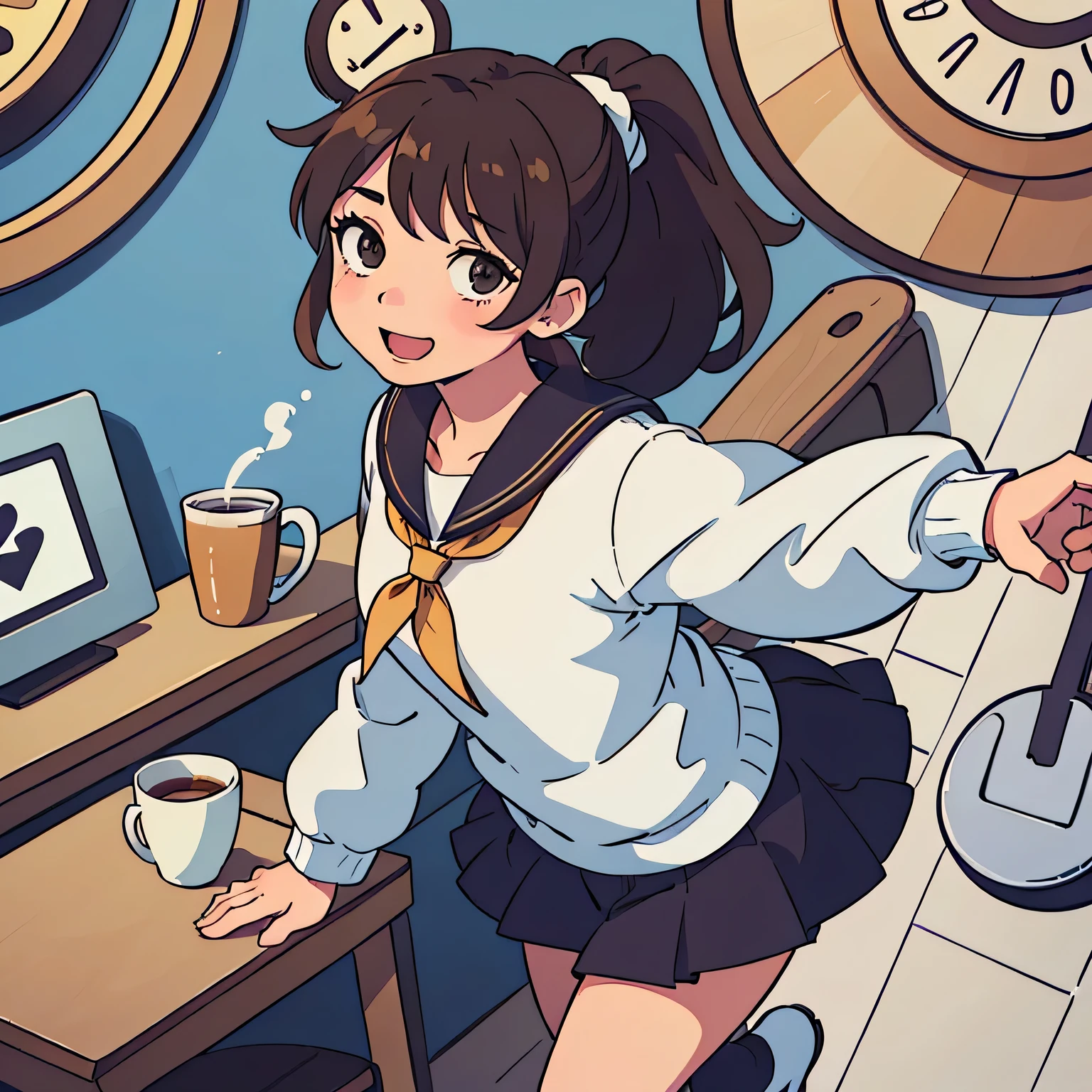 (Highest quality:0.8) Perfect anime illustration, cute, Happy woman with brown hair in a ponytail in a coffee shop, Sailor suit,skirt