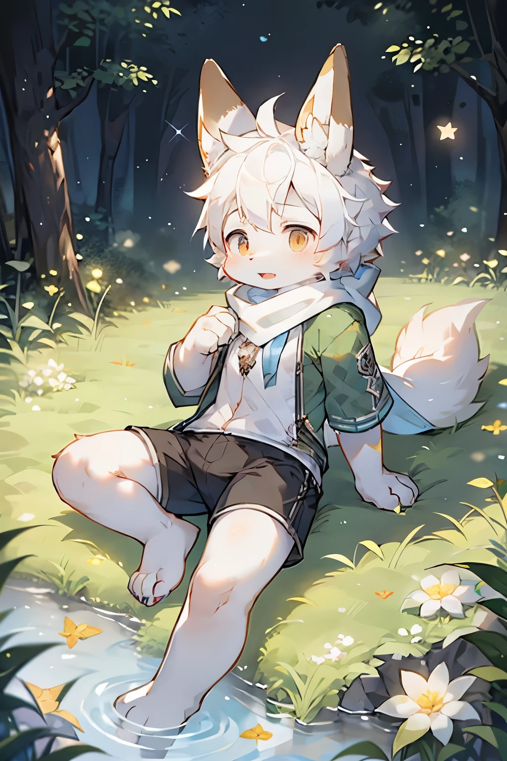 Dwarf rabbit boy，Bunny ears，Furry boys，Baby characteristics，White skin，White Arm，White hair，scarf，shorts，Forest Background，Flowers