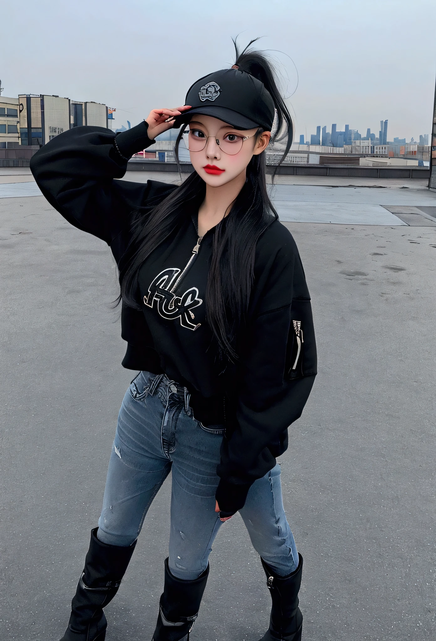 Girl,sexy,cute,ponytail hair,wearong black baseball cap,wearing aviation jumper,Jeans,wearing black boots, wearing black round glasses,Desolate city, cold winter