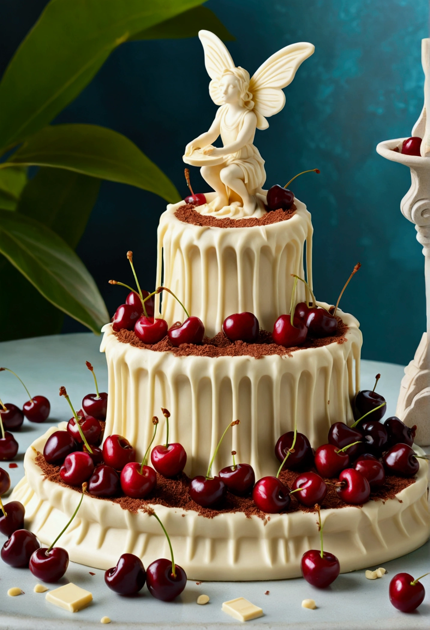 a white chocolate as an anthill fountain with some cherries circling around, and in front, a fairy statue on each side