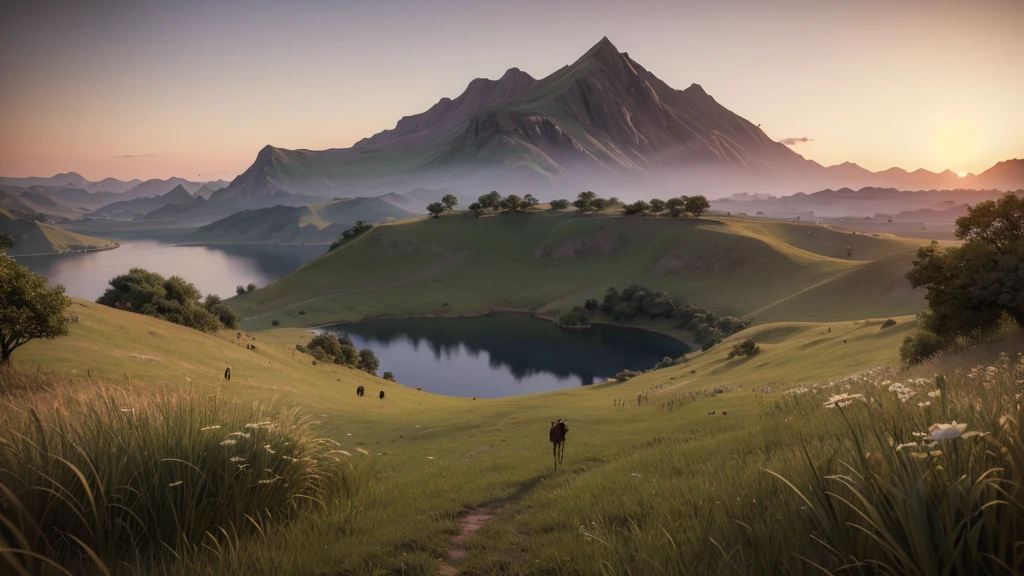 African grassland theme scene picture Dusk theme atmosphere hand-painted style scene original painting HD 4k There is a lake on the ground in the distance Unreal Engine 5 8k