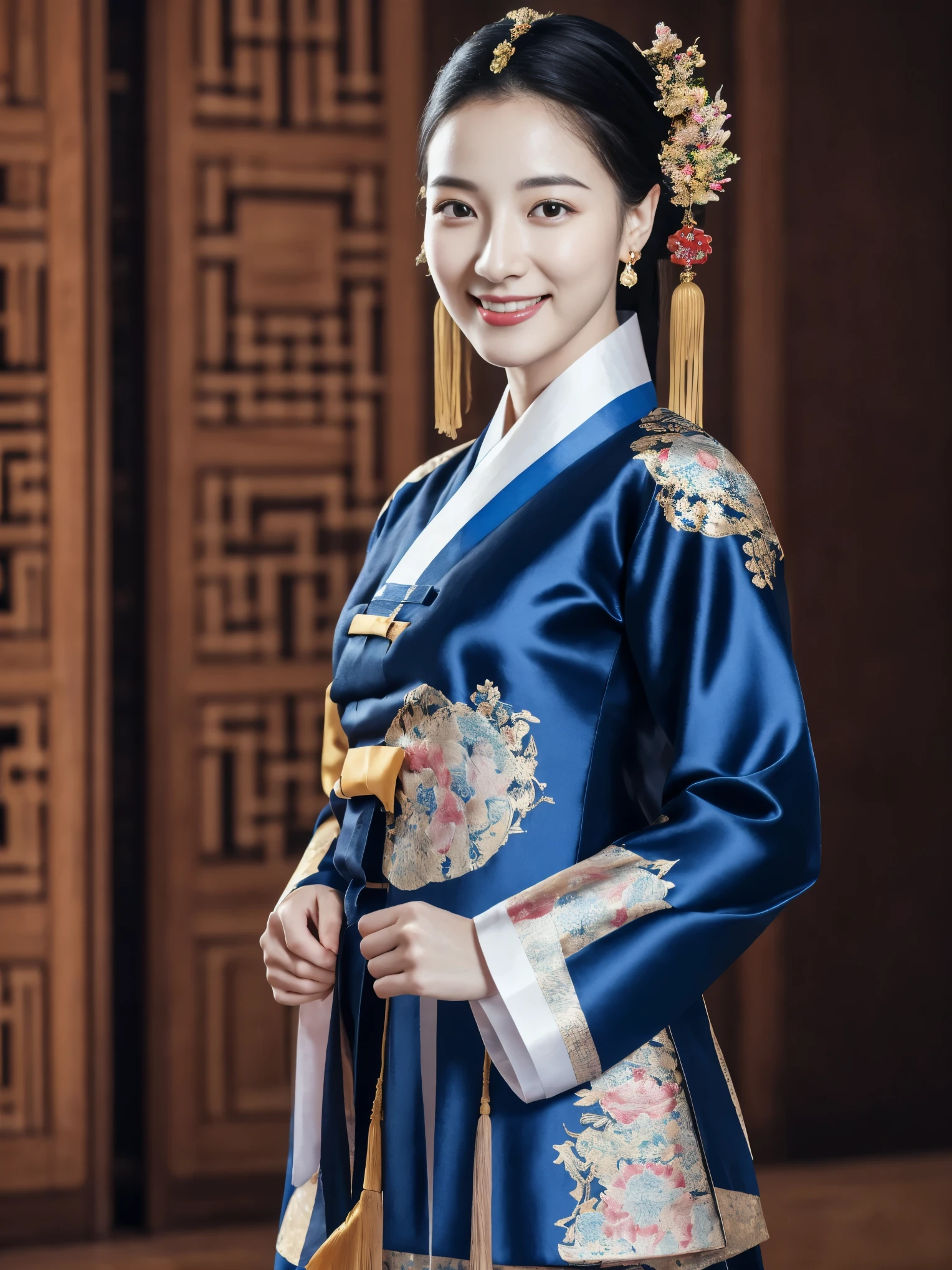 Woman wearing Chinese clothing,Upper body portrait,looking at viewer, Korean, 30 years-old, One of the three most beautiful women in the Korean, A beauty known all over the world, (light Black hair, beautiful lip, smile, earring ), (middle breasts, slender whist, wide hip ) ,(Silk Korean Hanbok clothing ,background wear color is blue), Royal cloth, Korean shoes ),(masterpiece, highest quality, High resolution, Photo realistic, sharp, RAW Photos, 8k wallpaper, perfection, Professional Lighting, Very detailed)