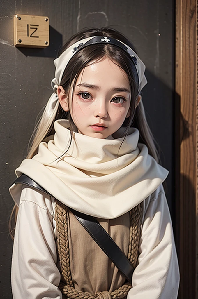 small child long hair standing  cowl  headband on forehead small room guarding protecting standing next to wall watching area no emotions sword on her back ahego