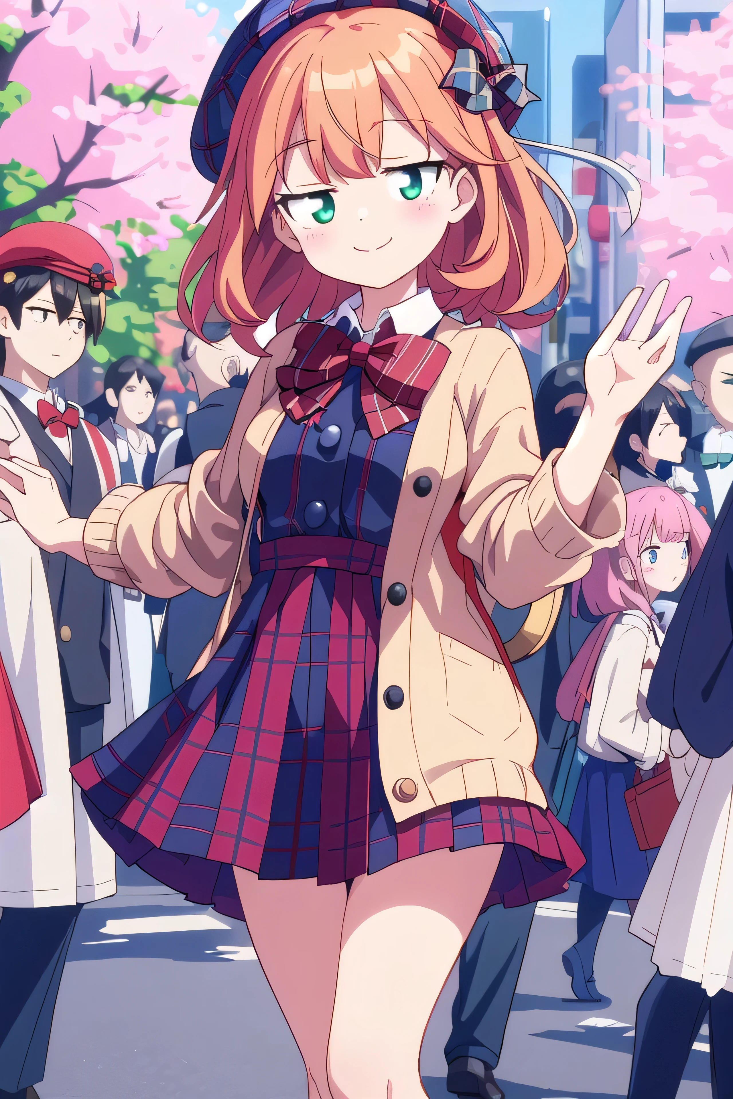insanely detailed, absurdres, ultra-highres, ultra-detailed, best quality,
1girl, solo, nice hands, perfect hands,
BREAK
(vintage-inspired beret with flower pin:1.3), (navy and red plaid dress:1.5), (golden buttons down the front:1.2), (ivory blouse with ruffle detailing and red bow tie:1.4), (peach cardigan with cable knit pattern:1.3), (black tights:1.1), (red Mary Jane shoes:1.2)
BREAK
happy smile, laugh, closed mouth, standing,
45 angle,
cute pose, cowboy shot,
BREAK
slender, kawaii, perfect symmetrical face, ultra cute girl, ultra cute face, ultra detailed eyes, ultra detailed hair, ultra cute, ultra beautiful,
BREAK
in harajuku, shibuya, tokyo, street, crowd, cityscape,
BREAK
medium breasts,
(orange medium hair, green eyes), hime cut