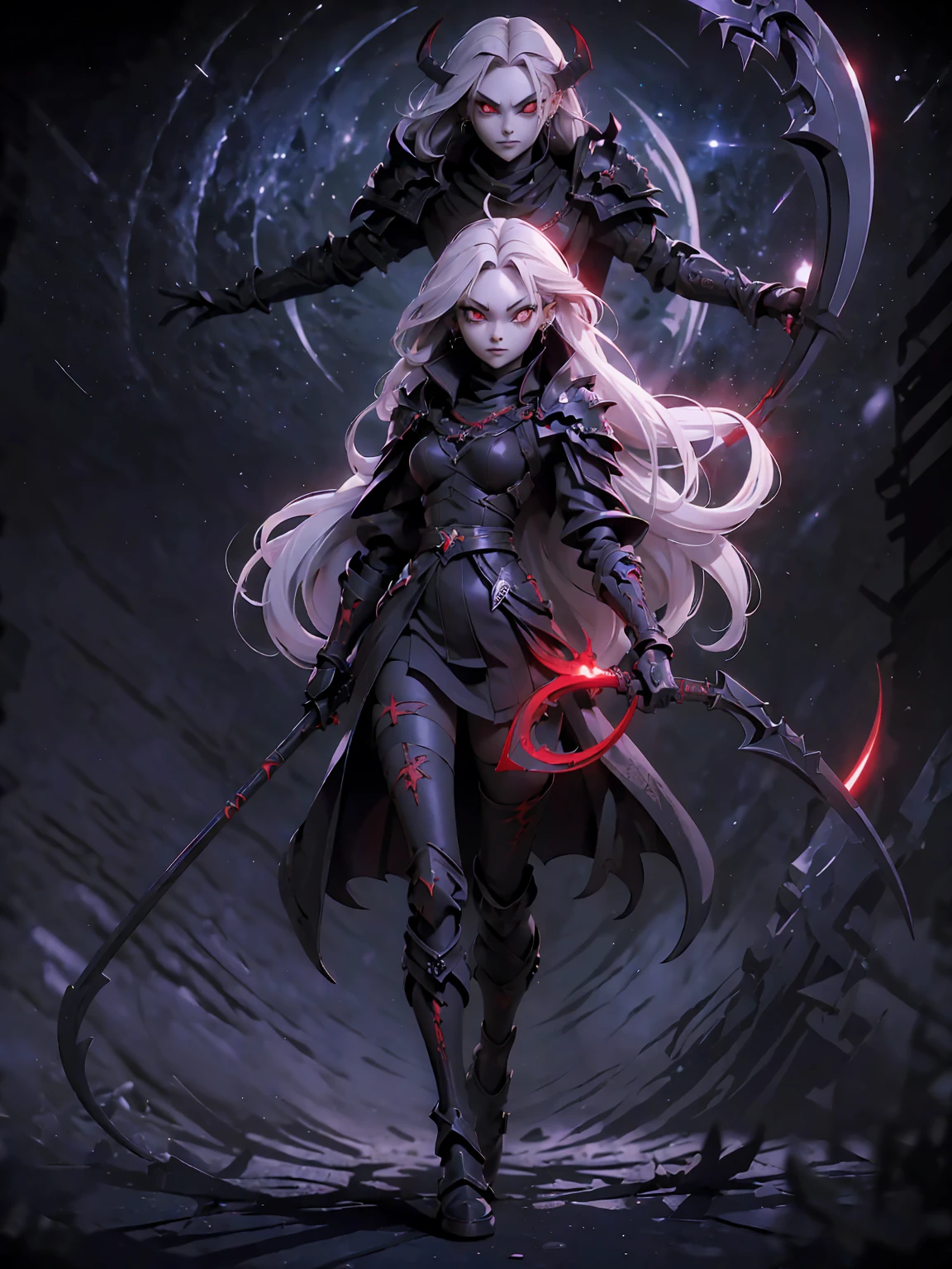 (((Masterpiece, best quality, 16k))) female character with long white hair and piercing red eyes. She wears a demonic intricate armor in purple, black, and white. wields a large, stylized scythe. The character has a menacing expression, with a chaotic environment as the background. ((full body front view)). ((slender)), (extremely detailed:1.5), (long white hair:1.2), (piercing red eyes:1.2), (chaotic environment:1.1), (demonic armor:1.3), (stylized scythe:1.3).