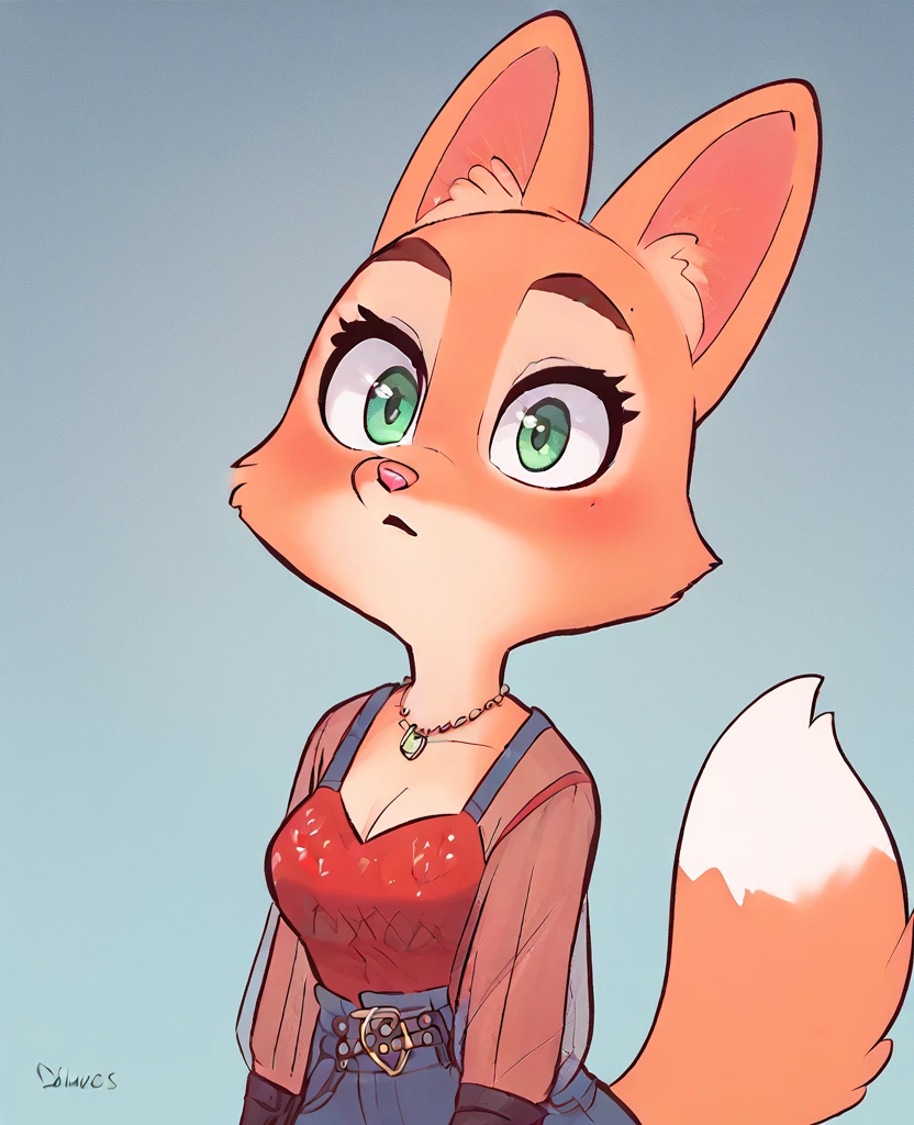 Diane Foxington, ginger fur, emerald eyes, dusty-pink nose, fox tail, fox ears, wearing a red dress, alone, by diives